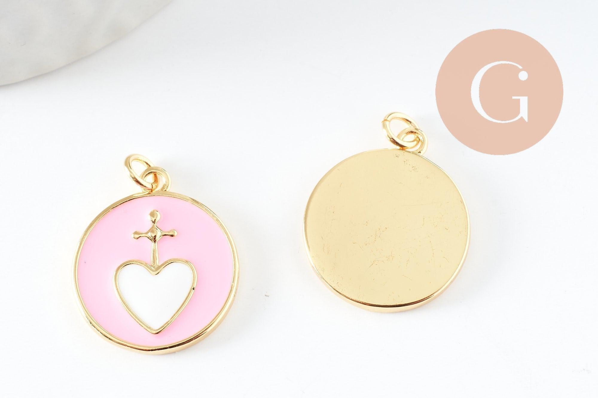 Pendentif médaille rond coeur émail rose laiton doré 20.5mm, x1 (G9490)