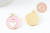 Pendentif médaille rond coeur émail rose laiton doré 20.5mm, x1 (G9490)