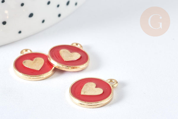 Pendentif médaille rond cœur émail rouge zamac doré, création bijou amour, x1 (G7425)