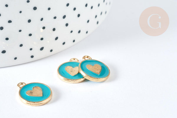 Pendentif médaille rond cœur émail turquoise zamac doré, création bijou amour, x1 (G7422)