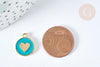 Pendentif médaille rond cœur émail turquoise zamac doré, création bijou amour, x1 (G7422)
