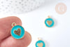 Pendentif médaille rond cœur émail turquoise zamac doré, création bijou amour, x1 (G7422)