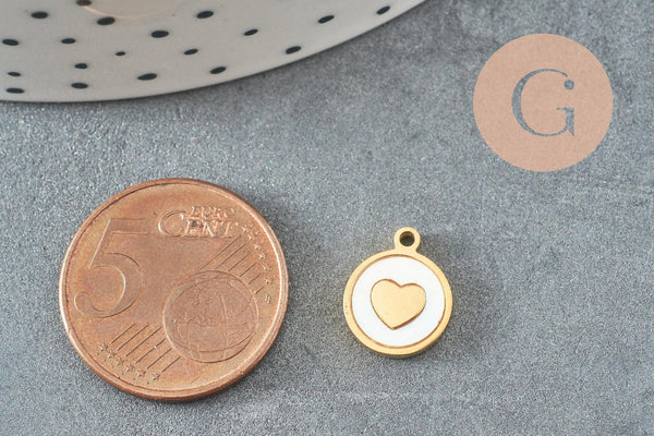 Pendentif médaille rond coeur nacre naturelle blanche acier 304 doré inoxydable, x1 (G9658)