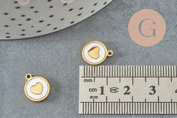 Pendentif médaille rond coeur nacre naturelle blanche acier 304 doré inoxydable, x1 (G9658)