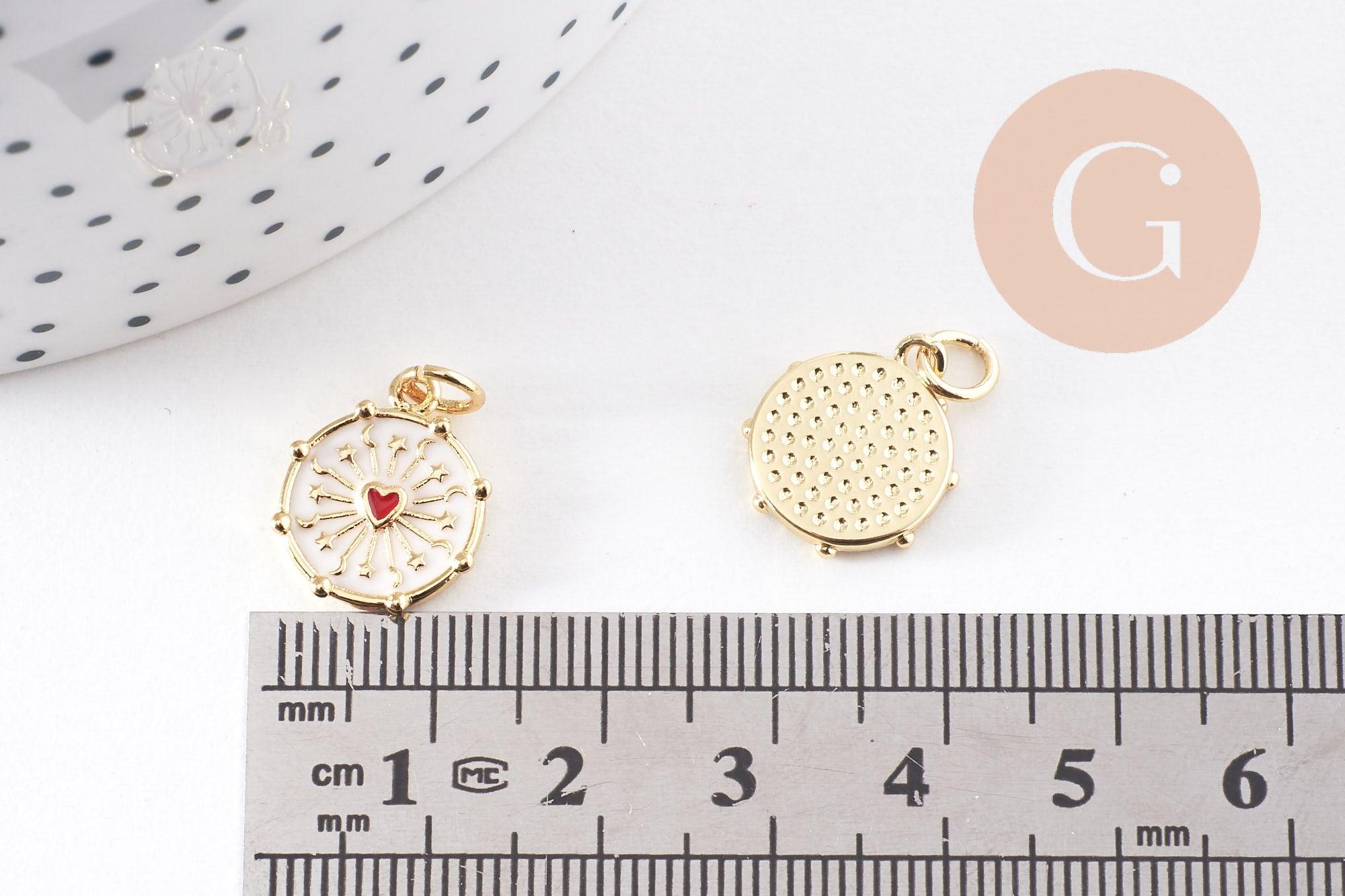 Pendentif médaille rond coeur sacré émail blanc laiton doré 15mm, x1 (G10169)