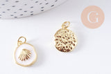Pendentif médaille rond coquillage émail blanc laiton doré 15.5mm, x1 (G10623)
