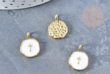 Pendentif médaille rond croix émail blanc laiton doré 18mm, pendentif laiton émaillé,sans nickel, x1 G8548
