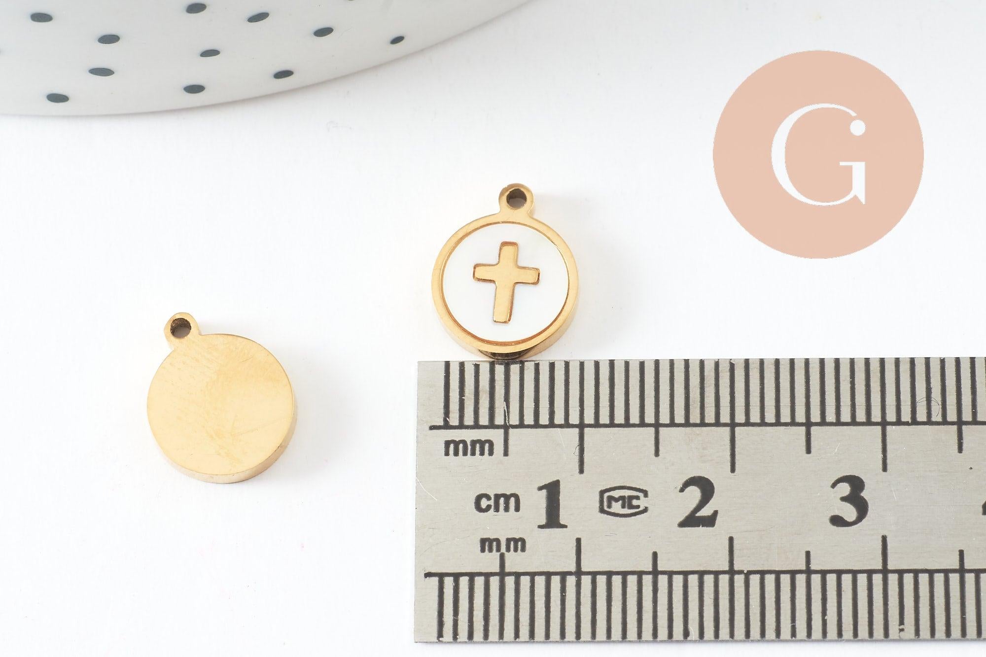 Pendentif médaille rond croix nacre naturelle blanche acier 304 doré inoxydable, x1 (G9693)