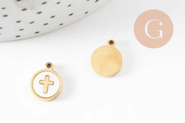 Pendentif médaille rond croix nacre naturelle blanche acier 304 doré inoxydable, x1 (G9693)