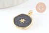Pendentif médaille rond étoile émail noir laiton doré, pendentif laiton émaillé,sans nickel,18mm, x1 G4369