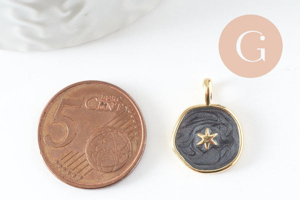 Pendentif médaille rond étoile émail noir laiton doré, pendentif laiton émaillé,sans nickel,18mm, x1 G4369