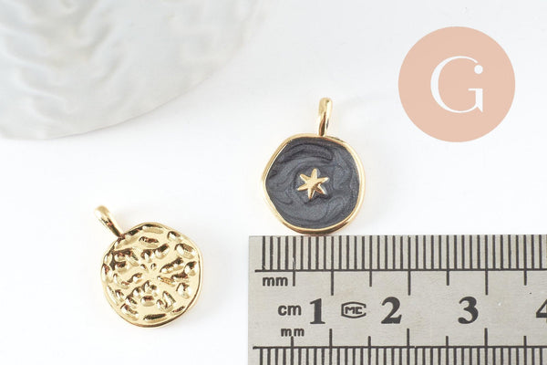 Pendentif médaille rond étoile émail noir laiton doré, pendentif laiton émaillé,sans nickel,18mm, x1 G4369