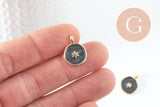 Pendentif médaille rond étoile émail noir laiton doré, pendentif laiton émaillé,sans nickel,18mm, x1 G4369