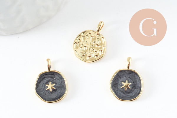 Pendentif médaille rond étoile émail noir laiton doré, pendentif laiton émaillé,sans nickel,18mm, x1 G4369