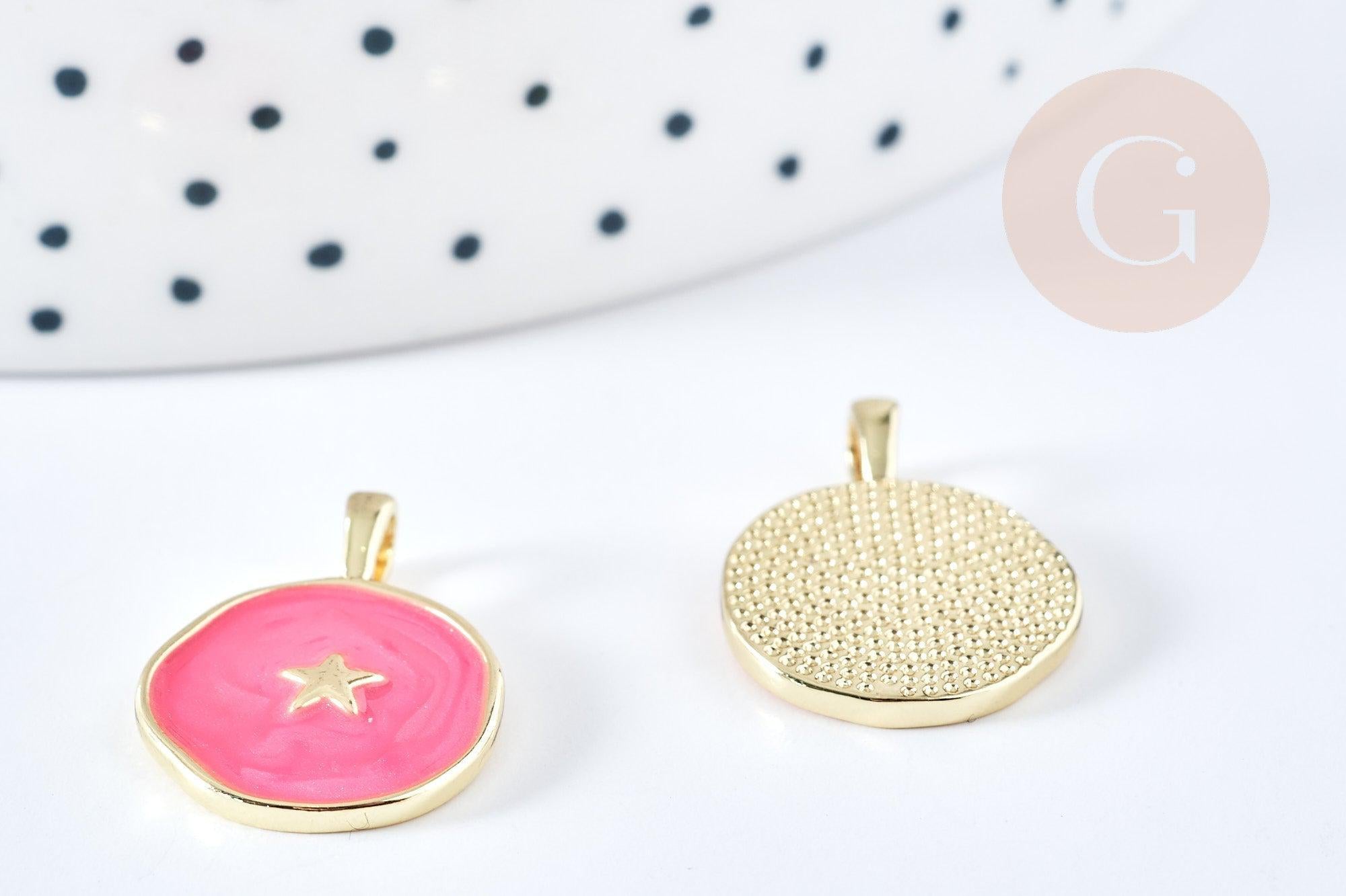 Pendentif médaille rond étoile émail rose ou bleu laiton doré 18mm, x1 (G8550)