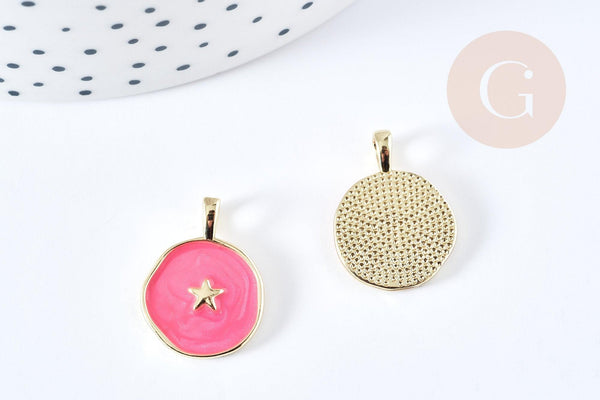 Pendentif médaille rond étoile émail rose ou bleu laiton doré 18mm, x1 (G8550)
