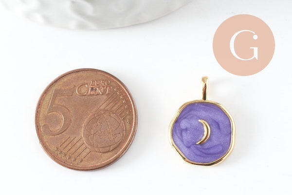 Pendentif médaille rond lune émail violet laiton doré 18mm, x1 (G4272)
