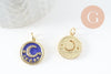 Pendentif médaille rond lune étoiles émail bleu laiton doré zircons, pendentif laiton émaillé,sans nickel,18mm, x1 (G5270)
