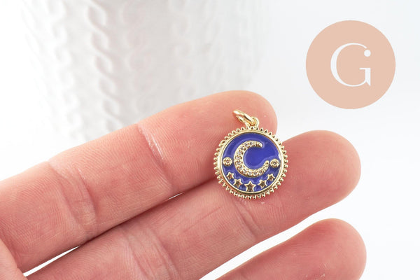 Pendentif médaille rond lune étoiles émail bleu laiton doré zircons, pendentif laiton émaillé,sans nickel,18mm, x1 (G5270)