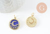 Pendentif médaille rond lune étoiles émail bleu laiton doré zircons, pendentif laiton émaillé,sans nickel,18mm, x1 (G5270)