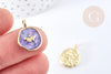 Pendentif médaille rond papillon émail violet laiton doré 18mm, pendentif laiton émaillé,sans nickel, x1 G8552