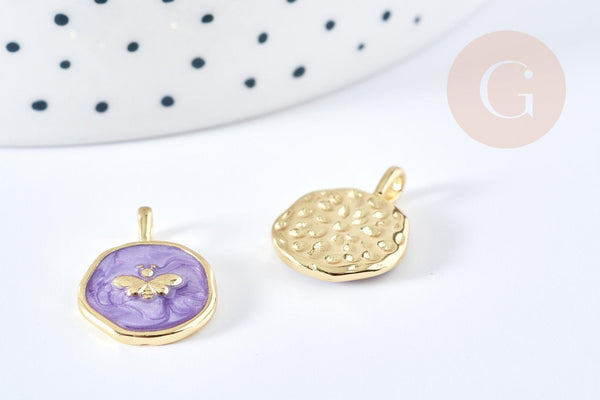 Pendentif médaille rond papillon émail violet laiton doré 18mm, pendentif laiton émaillé,sans nickel, x1 G8552