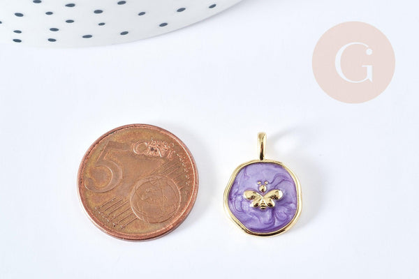 Pendentif médaille rond papillon émail violet laiton doré 18mm, pendentif laiton émaillé,sans nickel, x1 G8552