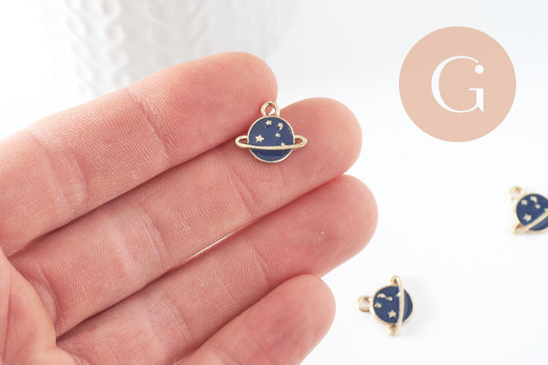 Pendentif médaille rond planète étoiles émail bleu zamac doré 13mm, x1 (G5919)