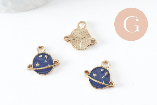 Pendentif médaille rond planète étoiles émail bleu zamac doré 13mm, x1 (G5919)