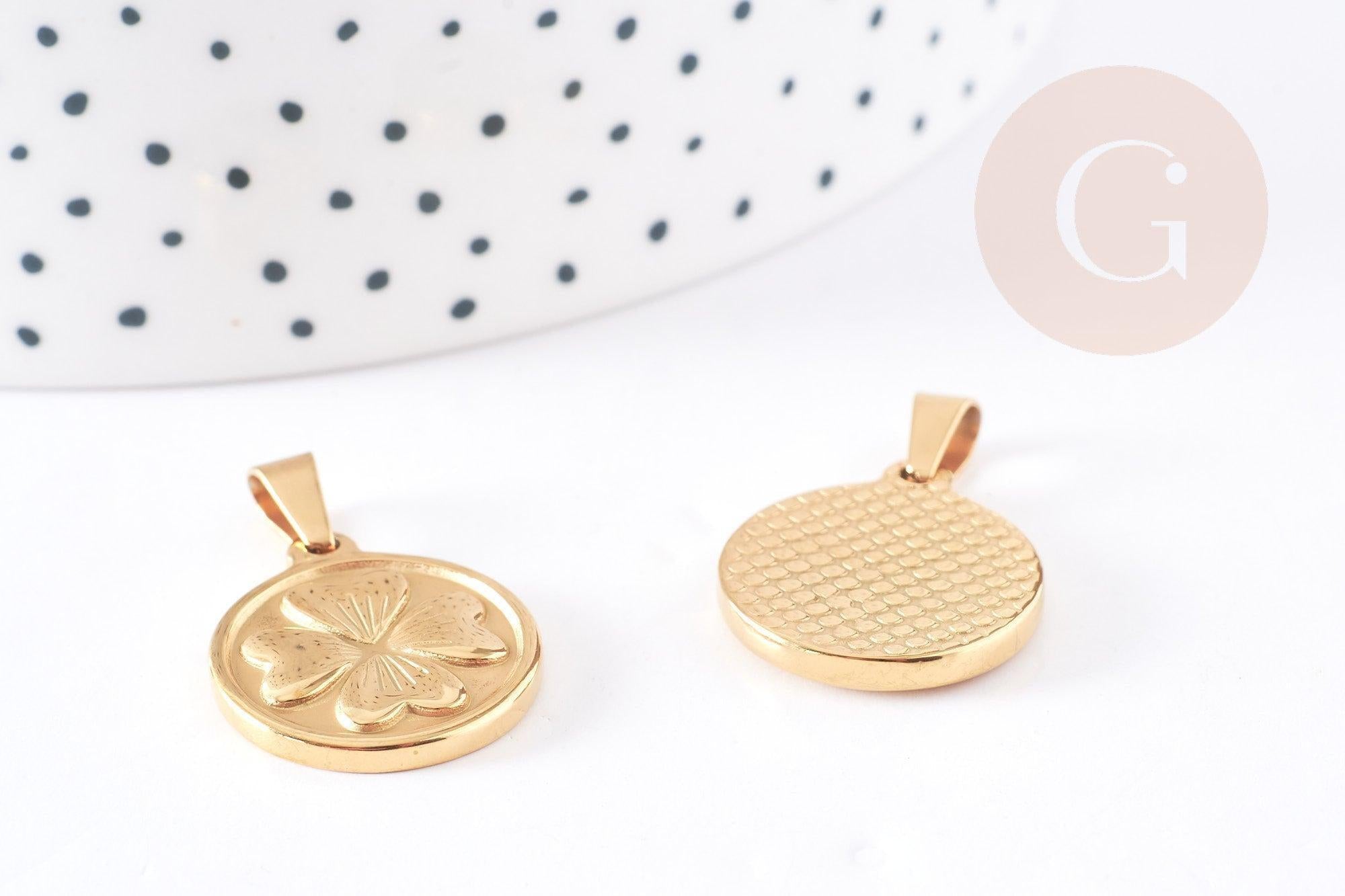 Pendentif médaille rond trèfle acier inoxydable 304 doré 21mm, x1 (G1737)