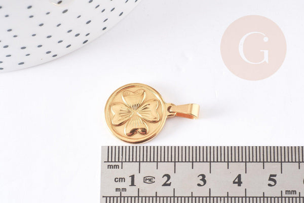 Pendentif médaille rond trèfle acier inoxydable 304 doré 21mm, x1 (G1737)