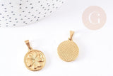 Pendentif médaille rond trèfle acier inoxydable 304 doré 21mm, x1 (G1737)