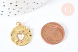 Pendentif médaille ronde Cœur émail blanc et zircons laiton doré 18K 22mm, x1 (G7133)