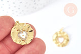 Pendentif médaille ronde Cœur émail blanc et zircons laiton doré 18K 22mm, x1 (G7133)
