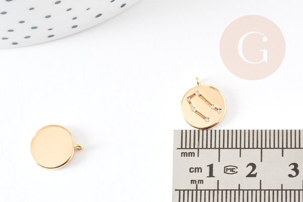 Pendentif médaille ronde Gémeau laiton doré 18K 13mm, x1 (G3585)