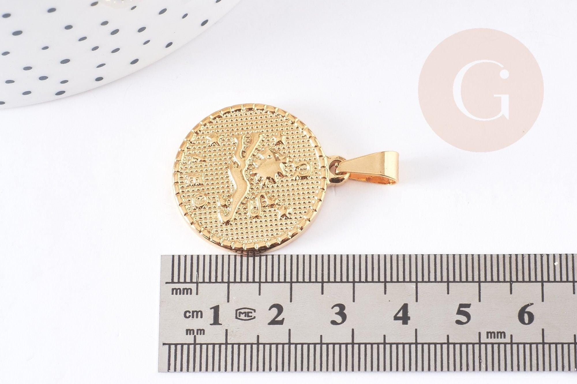 Pendentif médaille ronde Lion acier 304 inoxydable doré à graver 29mm, x1 (G0521)