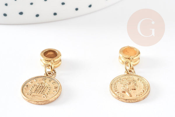 Pendentif médaille ronde Penny zamac doré 2.1cm, pendentif doré, médaillon,métal doré, x1 G0355