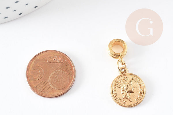 Pendentif médaille ronde Penny zamac doré 2.1cm, pendentif doré, médaillon,métal doré, x1 G0355