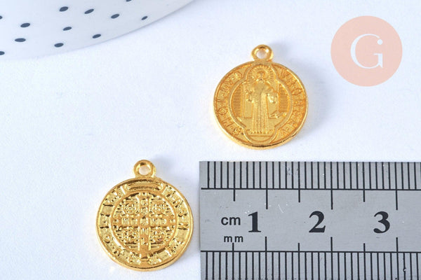 Pendentif médaille ronde Saint Benoit laiton doré émail jaune 18mm, x1 (G5498)