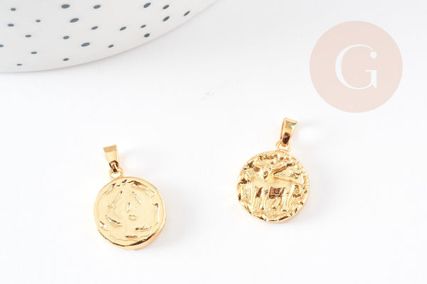 Pendentif médaille ronde Taureau laiton doré 18K - 16.5mm, un pendentif doré astrologique création bijoux,16.5mm, x1 G4930