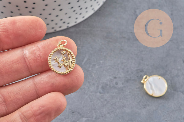 Pendentif médaille ronde Vierge nacre laiton doré 18K zircons,pendentif doré astrologique création bijoux sans nickel,17.5mm, x1 (G3481)