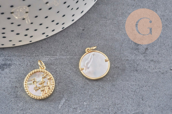 Pendentif médaille ronde Vierge nacre laiton doré 18K zircons,pendentif doré astrologique création bijoux sans nickel,17.5mm, x1 (G3481)