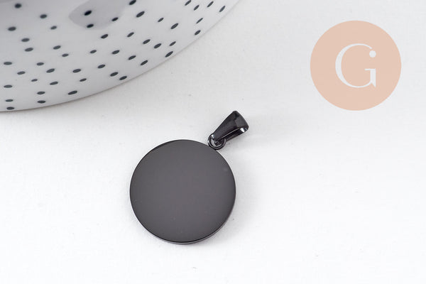 Pendentif médaille ronde acier 304 inoxydable IP noir opaque 23.5mm, x1 (G10881)
