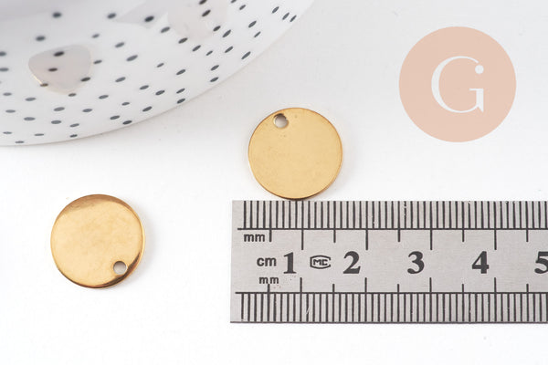 Pendentif médaille ronde acier 304 inoxydable doré IP 15mm, x10 (G10800)