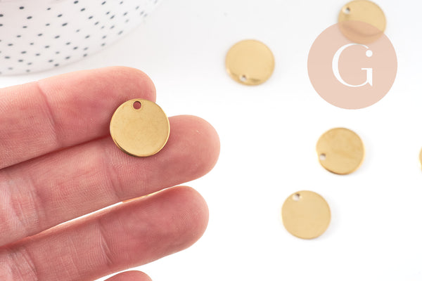 Pendentif médaille ronde acier 304 inoxydable doré IP 15mm, x10 (G10800)