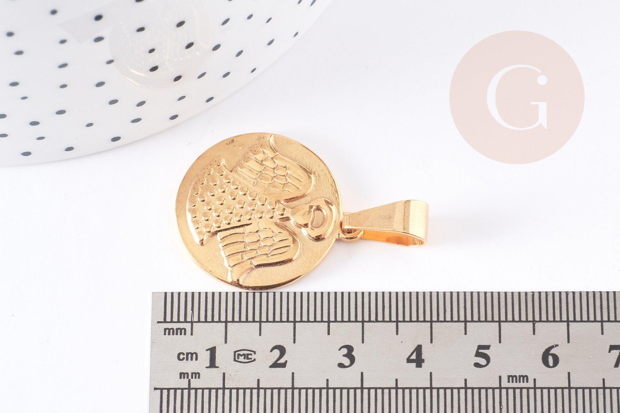Pendentif médaille ronde ange acier doré ou platine 28.5mm, x1 (G4055)