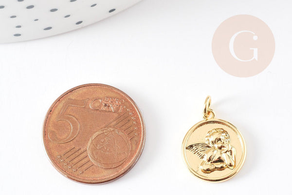 Pendentif médaille ronde ange laiton doré 18K 16mm, x1 (G6712)