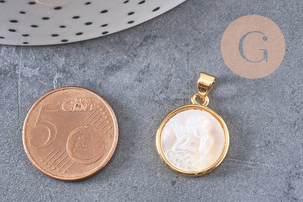 Pendentif médaille ronde ange laiton doré nacre 18.3mm, pendentif nacre et laiton doré pour création bijoux, x1 (G5526)