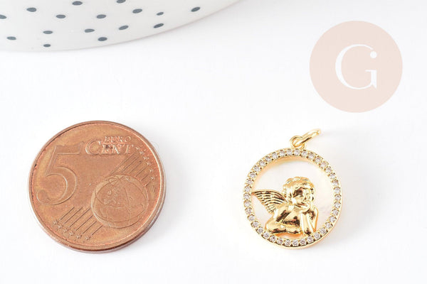 Pendentif médaille ronde ange laiton doré nacre et zircon, pendentif nacre et laiton doré pour création,médaille or,17.5mm, x1 G3569