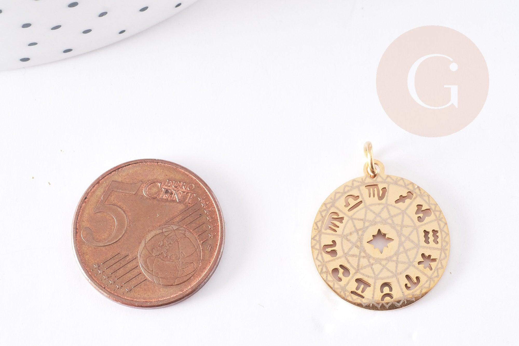 Pendentif médaille ronde astrologie acier doré 22mm, x1 (G1613)